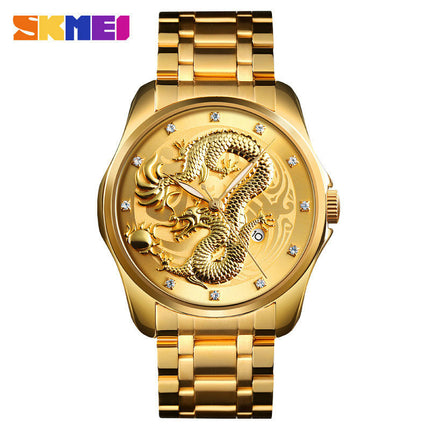 Mens Dragon Quartz Wristwatch Stainless Steel Strap with Calendar