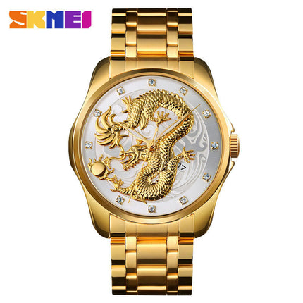 Mens Dragon Quartz Wristwatch Stainless Steel Strap with Calendar