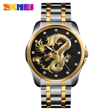 Mens Dragon Quartz Wristwatch Stainless Steel Strap with Calendar