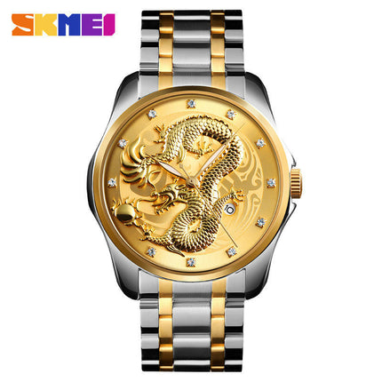 Mens Dragon Quartz Wristwatch Stainless Steel Strap with Calendar