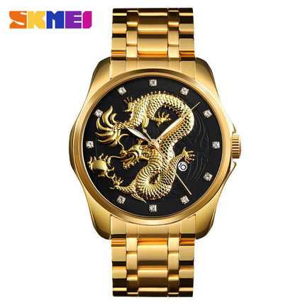 Mens Dragon Quartz Wristwatch Stainless Steel Strap with Calendar