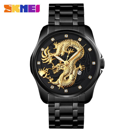 Mens Dragon Quartz Wristwatch Stainless Steel Strap with Calendar