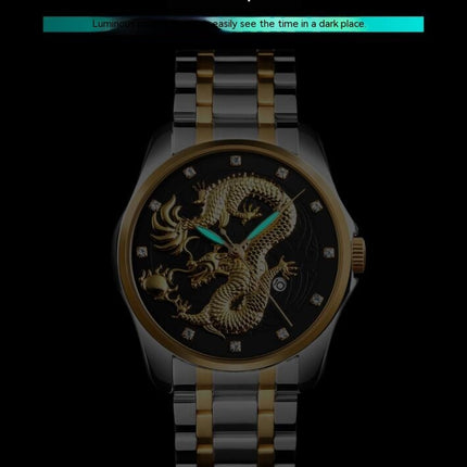 Mens Dragon Quartz Wristwatch Stainless Steel Strap with Calendar