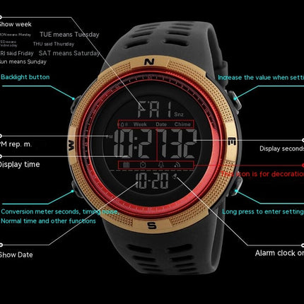 Men's Digital Sports Watch, Multifunction Chronograph Waterproof Wristwatch