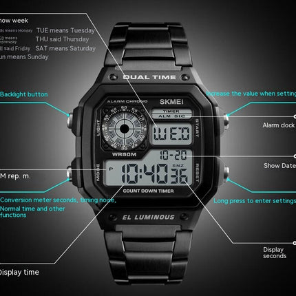 Men's Digital Multi-Function Watches Dual Time Waterproof Watch