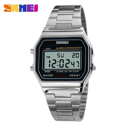 Digital Watch Men's Water Resistant Stainless Steel Band Electronic Wristwatch