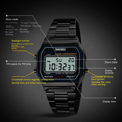 Digital Watch Men's Water Resistant Stainless Steel Band Electronic Wristwatch