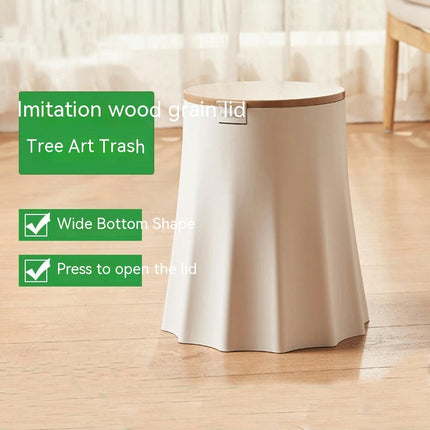 Wide Bottom Round Faux Wood Grain Lid Wastebasket Push-On Pop-Top Lid Plastic Household Paper Basket