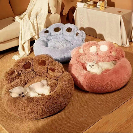 Pet Round Bed of Paw Shape, Calming Donut Dog Bed for Small Dog, Faux Fur Cat Bed for Cat, Machine Washable