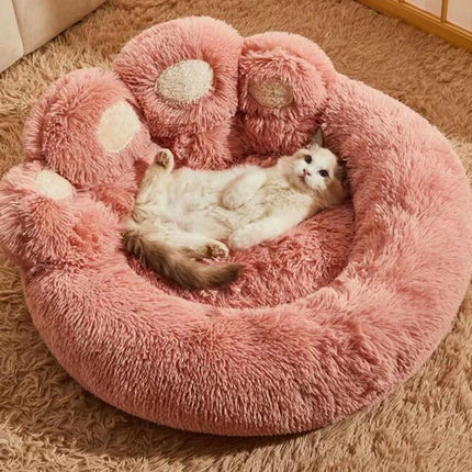 Pet Round Bed of Paw Shape, Calming Donut Dog Bed for Small Dog, Faux Fur Cat Bed for Cat, Machine Washable