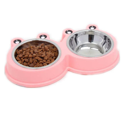 Cat Bowl Dog Bowl Drinking Water Feeding One-piece Pet Double Bowl Stainless Steel Frog Bowl Pet Food Utensils