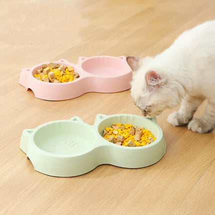 Pet Cat Double Bowl Eco-friendly PP Material Cartoon Cat Face Shape Food Water Feeding Bowl Non-slip Puppy Cat Feeder Supplies