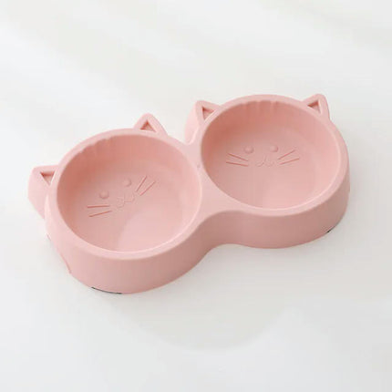 Pet Cat Double Bowl Eco-friendly PP Material Cartoon Cat Face Shape Food Water Feeding Bowl Non-slip Puppy Cat Feeder Supplies