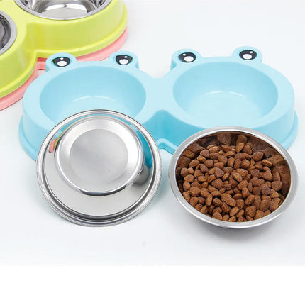 Cat Bowl Dog Bowl Drinking Water Feeding One-piece Pet Double Bowl Stainless Steel Frog Bowl Pet Food Utensils