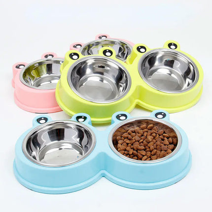 Cat Bowl Dog Bowl Drinking Water Feeding One-piece Pet Double Bowl Stainless Steel Frog Bowl Pet Food Utensils