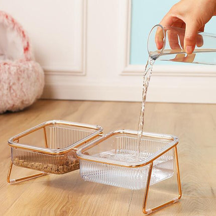 Transparent Cat Bowl with Raised Stand - Slanted Neck Protection for Drinking and Feeding - Easy to Clean Dual Iron Bowls