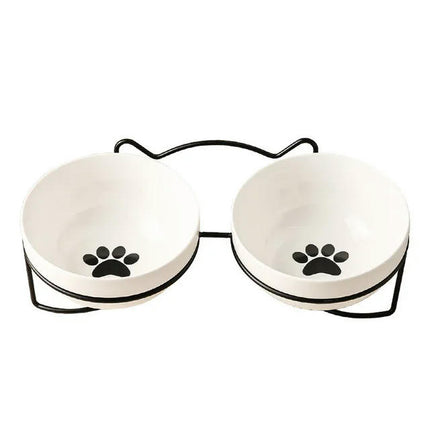 Poursweet Pet Cat Bowl Ceramic Water Feeder Food Feeding Dish Dispenser With Raised Stand and Mat Kitten Puppy Metal Elevated