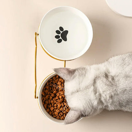 Poursweet Pet Cat Bowl Ceramic Water Feeder Food Feeding Dish Dispenser With Raised Stand and Mat Kitten Puppy Metal Elevated