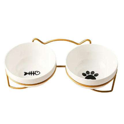 Poursweet Pet Cat Bowl Ceramic Water Feeder Food Feeding Dish Dispenser With Raised Stand and Mat Kitten Puppy Metal Elevated