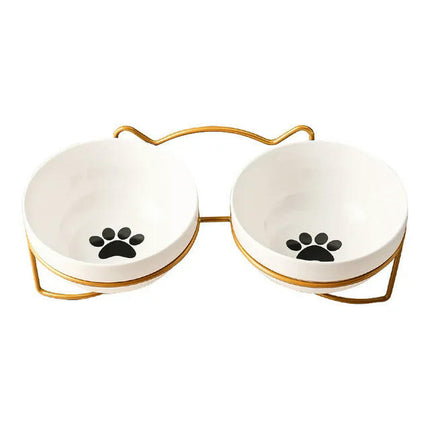 Poursweet Pet Cat Bowl Ceramic Water Feeder Food Feeding Dish Dispenser With Raised Stand and Mat Kitten Puppy Metal Elevated