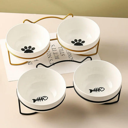 Poursweet Pet Cat Bowl Ceramic Water Feeder Food Feeding Dish Dispenser With Raised Stand and Mat Kitten Puppy Metal Elevated