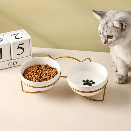 Poursweet Pet Cat Bowl Ceramic Water Feeder Food Feeding Dish Dispenser With Raised Stand and Mat Kitten Puppy Metal Elevated