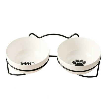 Poursweet Pet Cat Bowl Ceramic Water Feeder Food Feeding Dish Dispenser With Raised Stand and Mat Kitten Puppy Metal Elevated