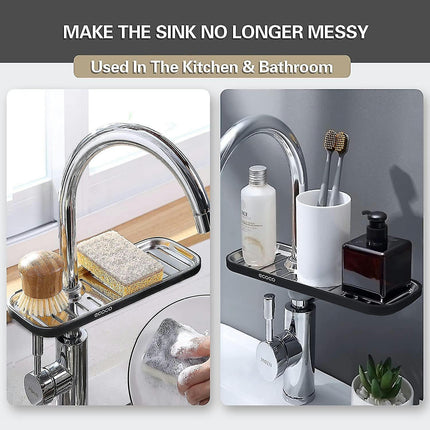 Sink Caddy Faucet Sponge Holder For Kitchen Sink Shower Soap Organizer For Bathroom Stainless Steel Soap Tray Rack (black, Large)