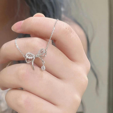 Bow Necklace for Women 925 Silver Chain Necklace Bow Pendant Necklace Wedding Jewelry