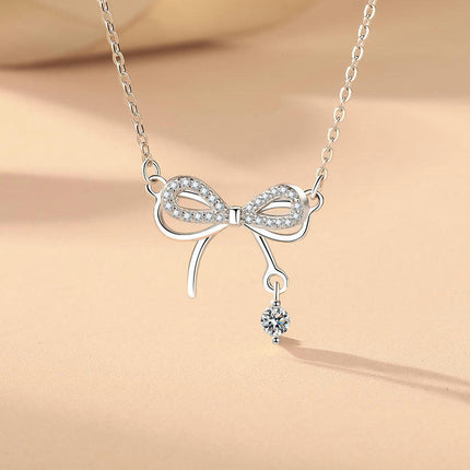 Bow Necklace for Women 925 Silver Chain Necklace Bow Pendant Necklace Wedding Jewelry