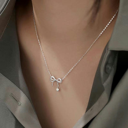 Bow Necklace for Women 925 Silver Chain Necklace Bow Pendant Necklace Wedding Jewelry