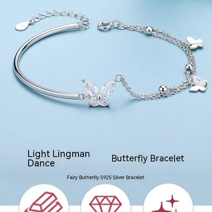 Butterfly Bracelet for Women, S925 Bracelet Sterling Silver Adjustable Bracelet Bestie Bracelet