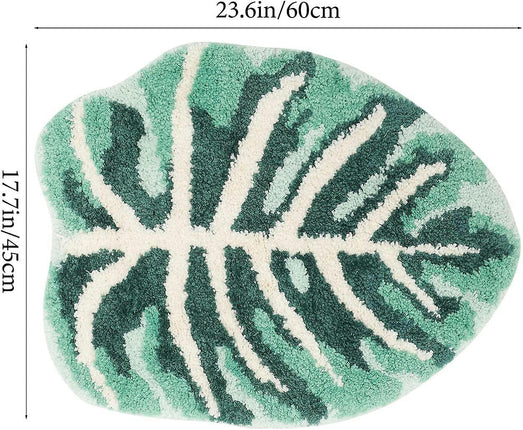 Non-Slip Green Leaf Shaped Bath Mat Rug - Washable Runner Floor Mat for Bathroom, Kids, Pets - 60X45X1CM