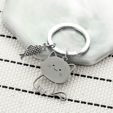 Cat And Fish Stainless Steel Keychain Cute Cartoon Cat Pendant Couple Keychain Cat Keychain