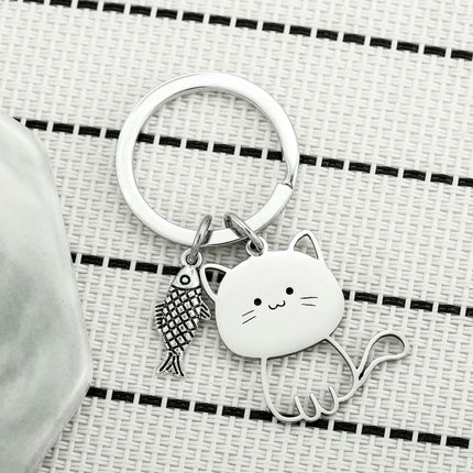 Cat And Fish Stainless Steel Keychain Cute Cartoon Cat Pendant Couple Keychain Cat Keychain