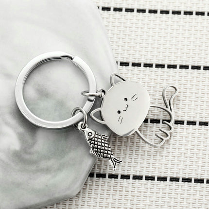 Cat And Fish Stainless Steel Keychain Cute Cartoon Cat Pendant Couple Keychain Cat Keychain