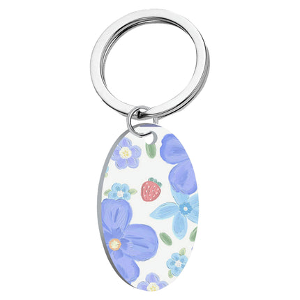 Stainless Steel Key Ring Round Keychain Flowers Keychain Pendant for Bag Charm Decor