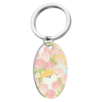 Stainless Steel Key Ring Round Keychain Flowers Keychain Pendant for Bag Charm Decor