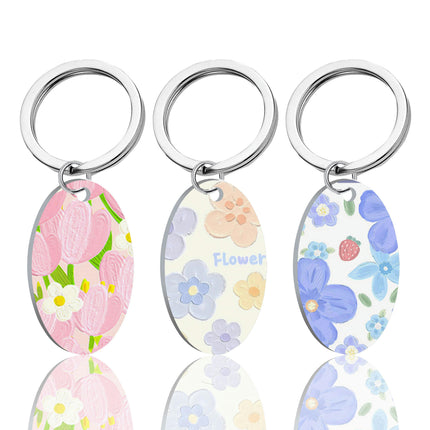 Stainless Steel Key Ring Round Keychain Flowers Keychain Pendant for Bag Charm Decor