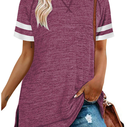 Women Short Sleeve Color Block Tops Shirts Summer Loose Tunic T-shirt