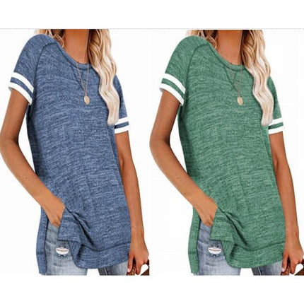 Women Short Sleeve Color Block Tops Shirts Summer Loose Tunic T-shirt