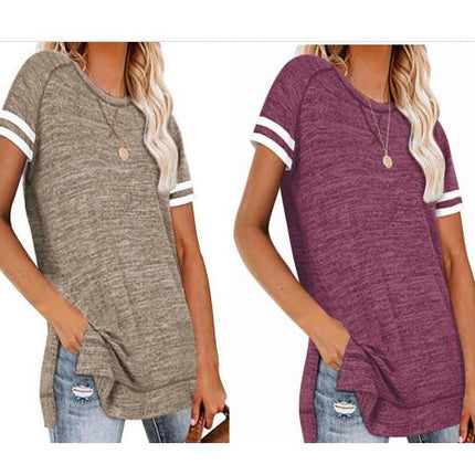 Women Short Sleeve Color Block Tops Shirts Summer Loose Tunic T-shirt