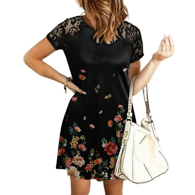 Women Floral Shift Dress Summer Short Sleeve Casual Lace T-shirt Tunic Dresses