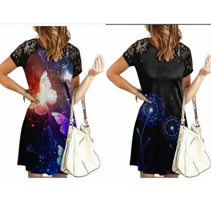 Women Floral Shift Dress Summer Short Sleeve Casual Lace T-shirt Tunic Dresses