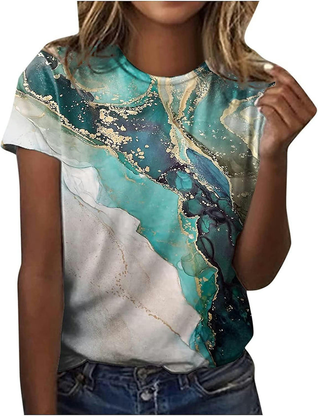 Women's Summer Casual Loose Abstract Vintage Printed Short Sleeve T-shirt Tunic Tops