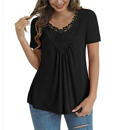 Women Lace Trim Tunic Short Sleeve T-shirt Summer Blouse Casual Tops