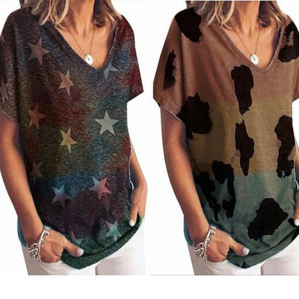 Women Summer Casual Short Sleeve T-shirt Top V-neck Tunic Loose Blouse