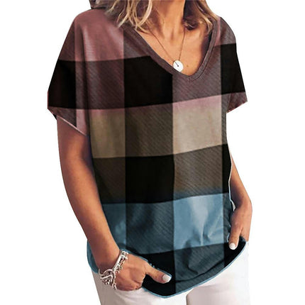 Women Summer Casual Short Sleeve T-shirt Top V-neck Tunic Loose Blouse