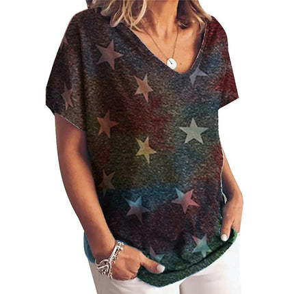 Women Summer Casual Short Sleeve T-shirt Top V-neck Tunic Loose Blouse