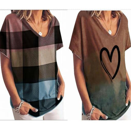 Women Summer Casual Short Sleeve T-shirt Top V-neck Tunic Loose Blouse